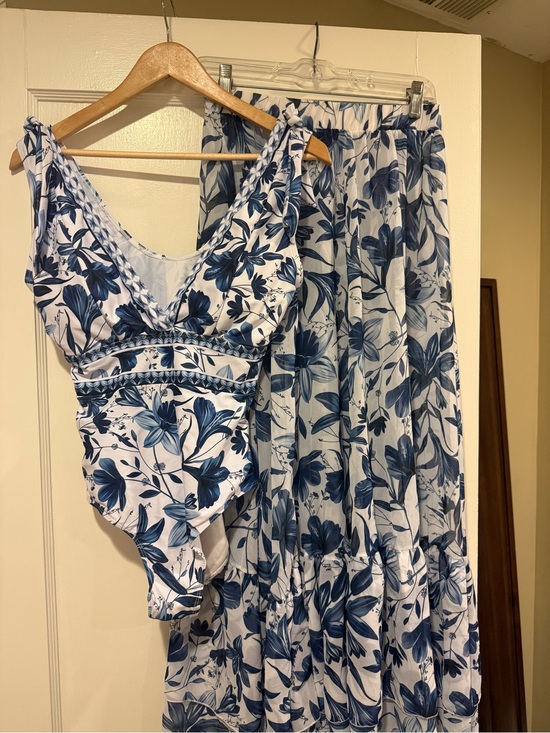Other - Blue & White Floral Matching Swim Set – M - 1-Piece Swimsuit + Maxi Cover-Up